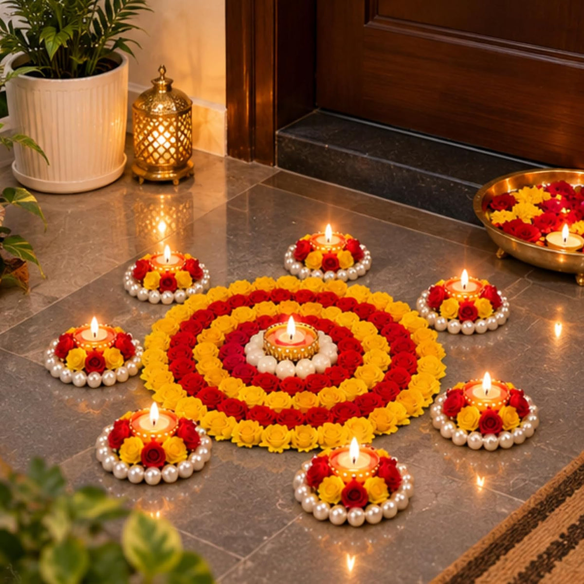 Flower Rangoli with Diya Set (9 Pcs)