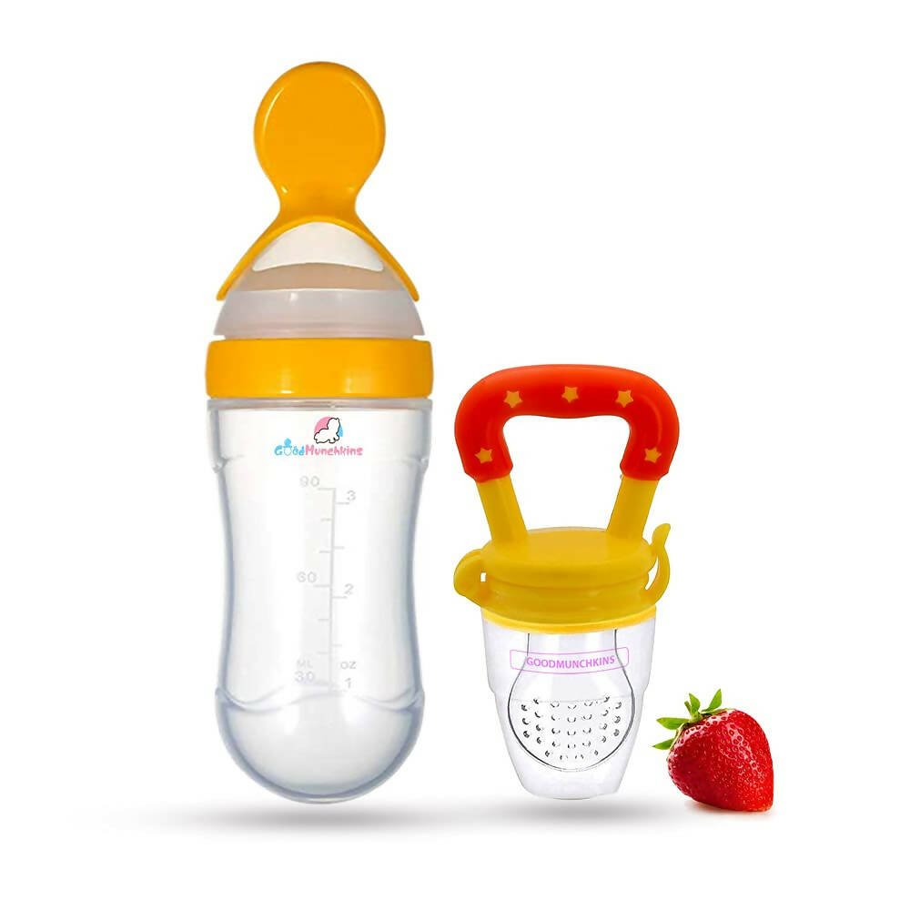 Goodmunchkins Silicone Spoon Food Feeder & Fruit Feeder for Toddlers Food Grade Silicone Bottle 90ml - Yellow - Mytrendzcart