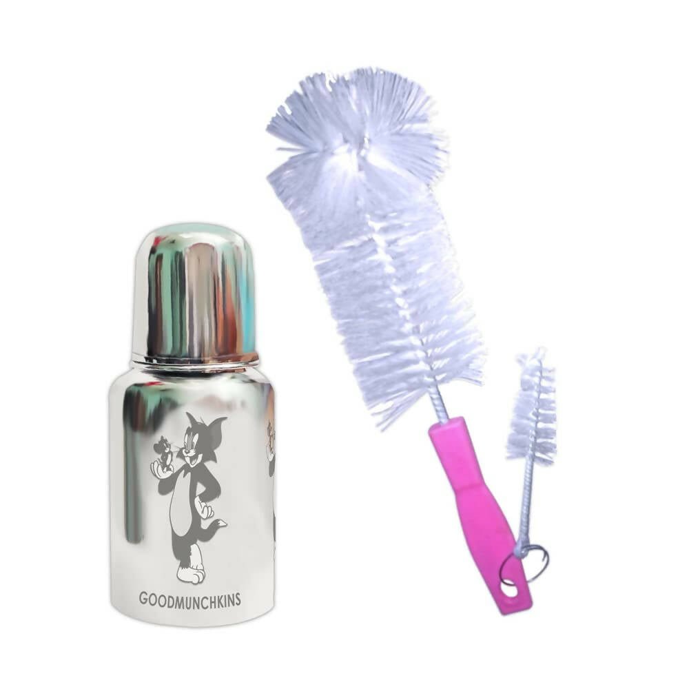 Goodmunchkins Stainless Steel Baby Feeding Bottle 304 Grade for Infants/Toddlers with Bottle Cleaning Pink Brush - 150ml - Mytrendzcart