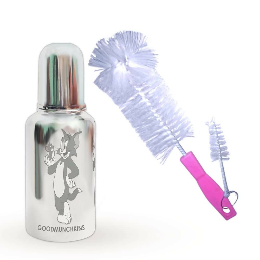 Goodmunchkins Stainless Steel Baby Feeding Bottle 304 Grade for Infants/Toddlers with Bottle Cleaning Pink Brush - 220ml - Mytrendzcart