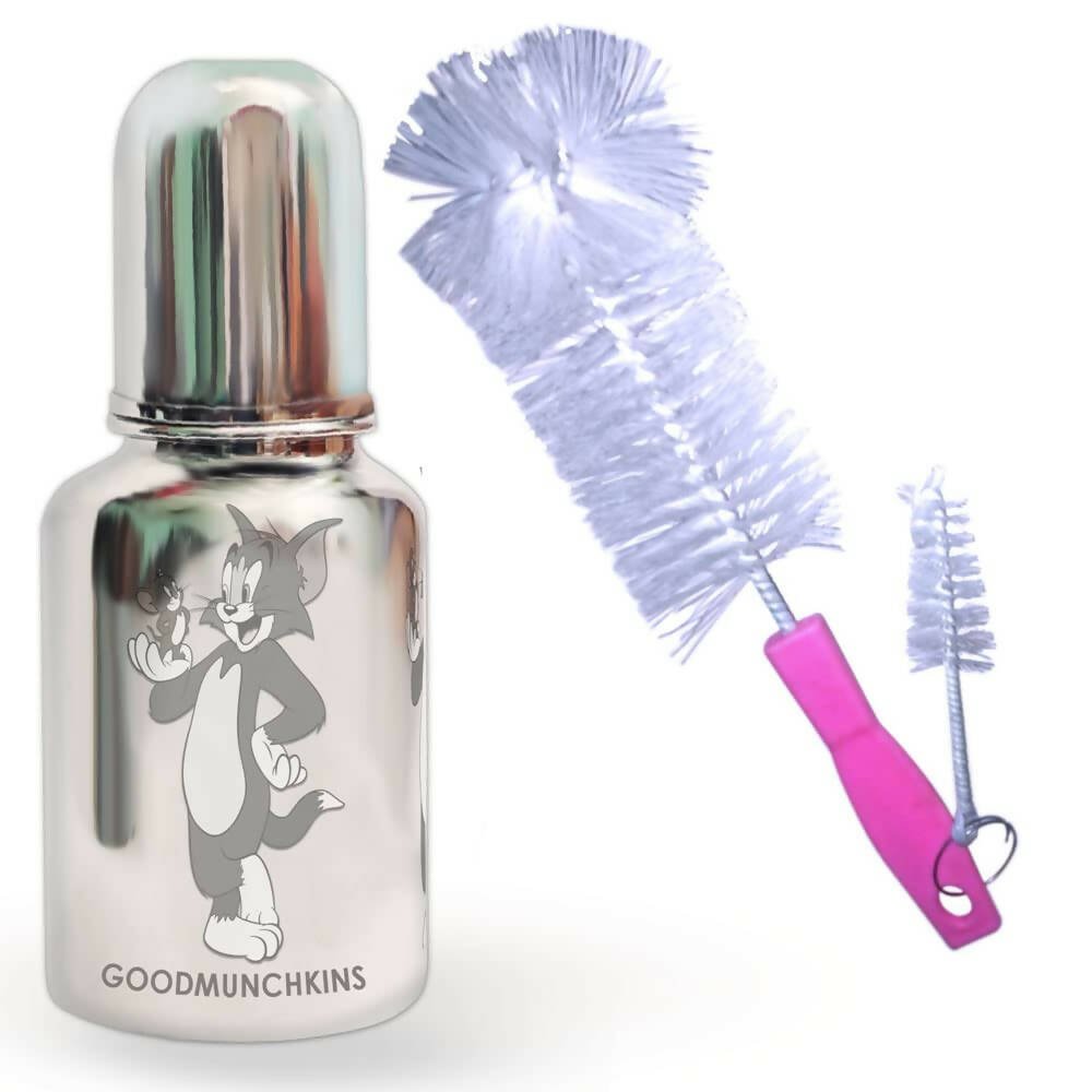 Goodmunchkins Stainless Steel Baby Feeding Bottle 304 Grade for Infants/Toddlers with Bottle Cleaning Pink Brush - 300ml - Mytrendzcart