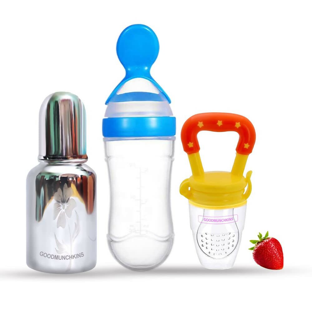 Goodmunchkins Stainless Steel Feeding Bottle, Food Feeder & Fruit Feeder Combo for Baby - (Blue - Yellow, 150ml) - Mytrendzcart