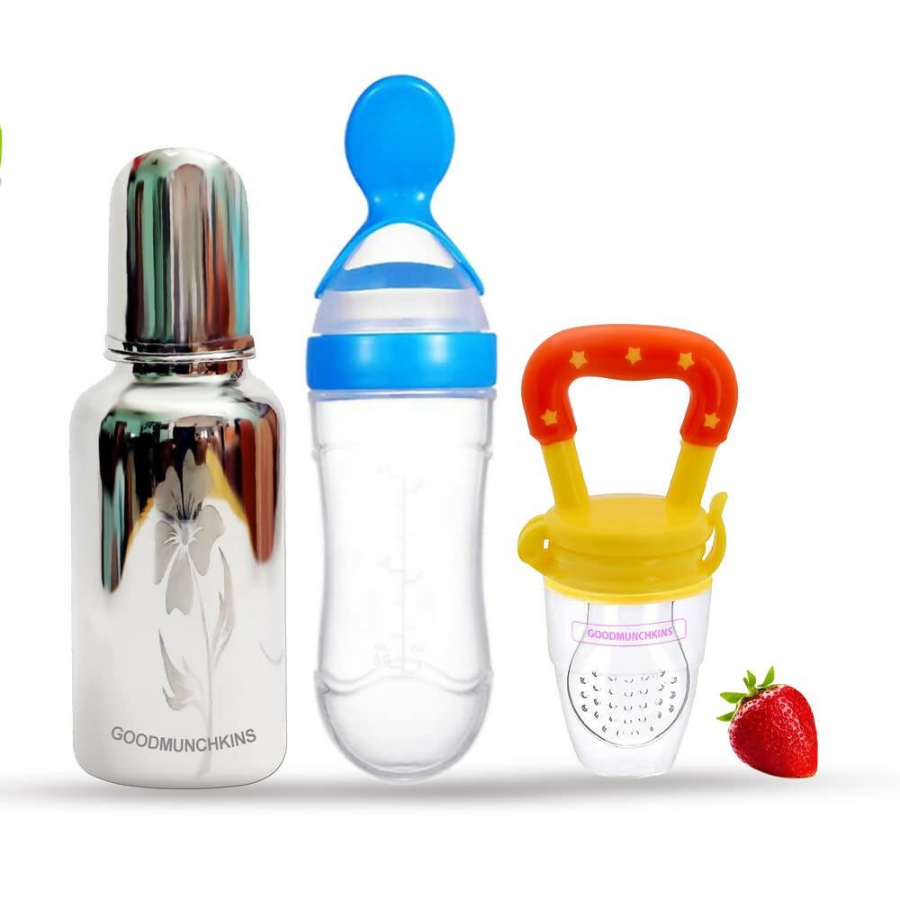 Goodmunchkins Stainless Steel Feeding Bottle, Food Feeder & Fruit Feeder Combo for Baby - (Blue - Yellow, 220ml) - Mytrendzcart