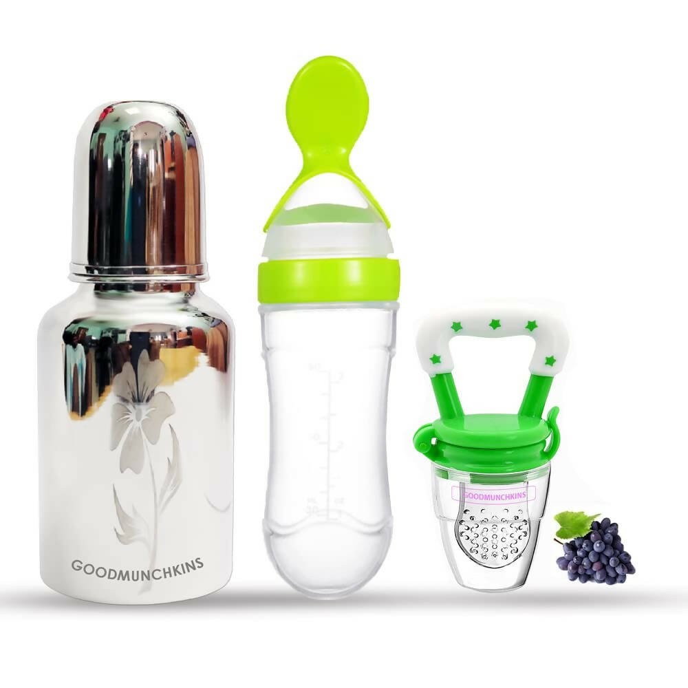 Goodmunchkins Stainless Steel Feeding Bottle, Food Feeder & Fruit Feeder Combo for Baby (Green - Green, 220ml) - Mytrendzcart
