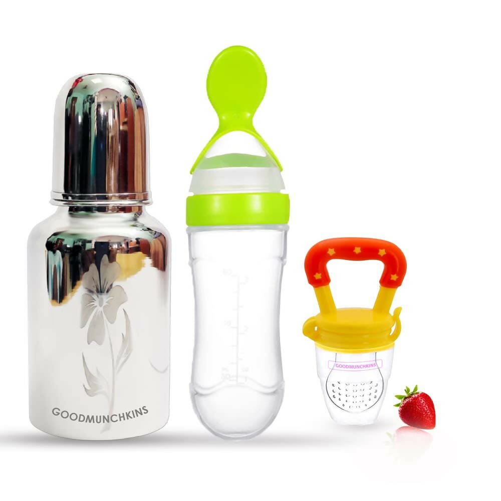 Goodmunchkins Stainless Steel Feeding Bottle, Food Feeder & Fruit Feeder Combo for Baby - (Green - Yellow, 300ml) - Mytrendzcart