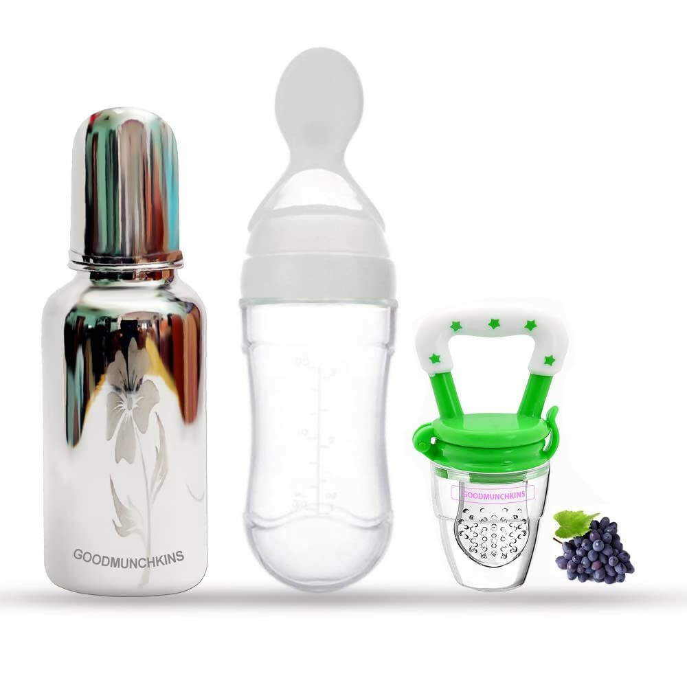 Goodmunchkins Stainless Steel Feeding Bottle, Food Feeder & Fruit Feeder Combo for Baby - (White - Green, 220ml) - Mytrendzcart