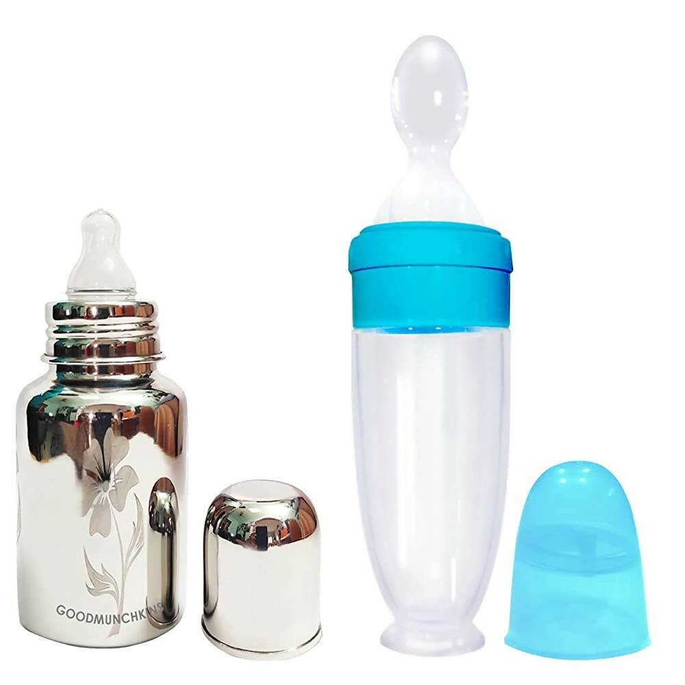 Goodmunchkins Stainless Steel Feeding Bottle for Baby Anti Colic Silicon Nipple Feeder 150 ml Combo Pack - Blue - Mytrendzcart