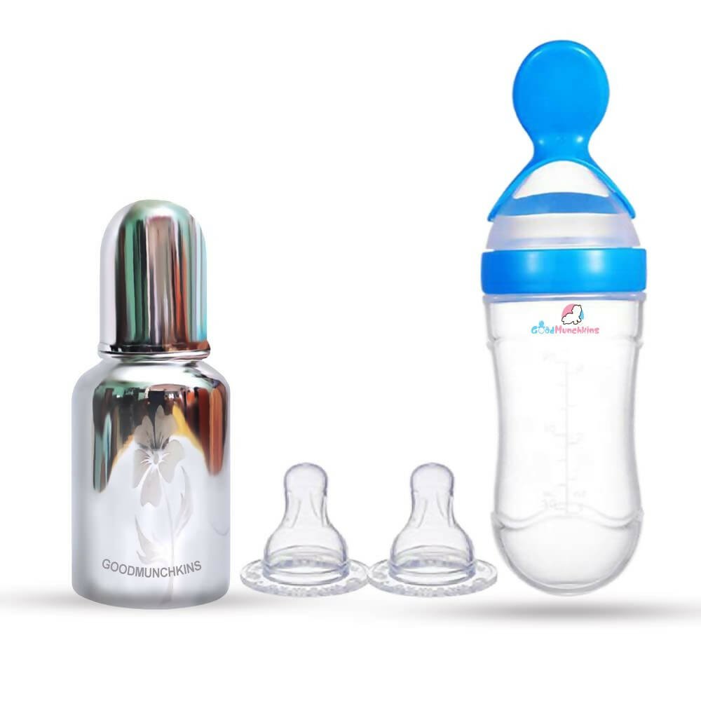 Goodmunchkins Stainless Steel Feeding Bottle & Spoon Food Feeder Anti Colic Silicone Nipple Combo - (Blue, 150ml) - Mytrendzcart