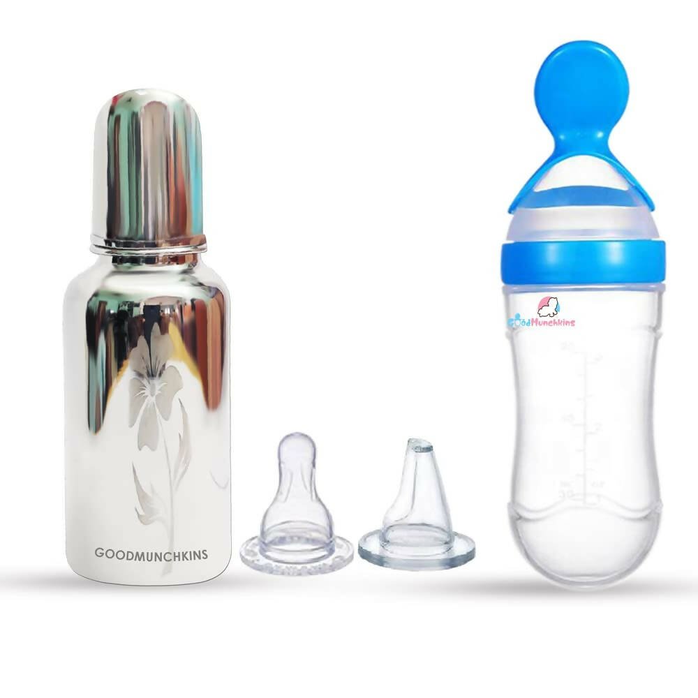 Goodmunchkins Stainless Steel Feeding Bottle & Spoon Food Feeder Anti Colic Silicone Nipple Combo - (Blue, 220ml) - Mytrendzcart