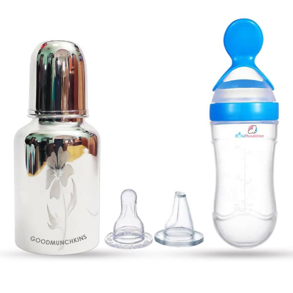 Goodmunchkins Stainless Steel Feeding Bottle & Spoon Food Feeder Anti Colic Silicone Nipple Combo - (Blue,300ml) - Mytrendzcart