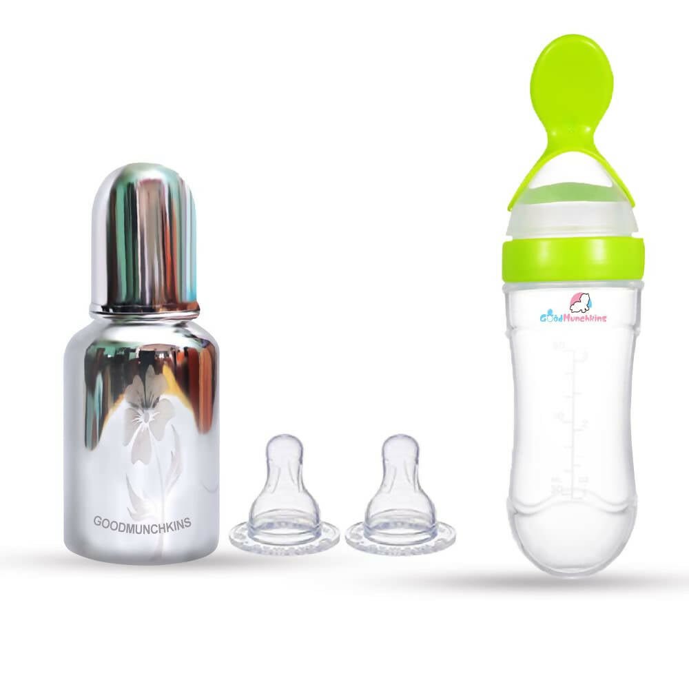 Goodmunchkins Stainless Steel Feeding Bottle & Spoon Food Feeder Anti Colic Silicone Nipple Combo - (Green,150ml) - Mytrendzcart