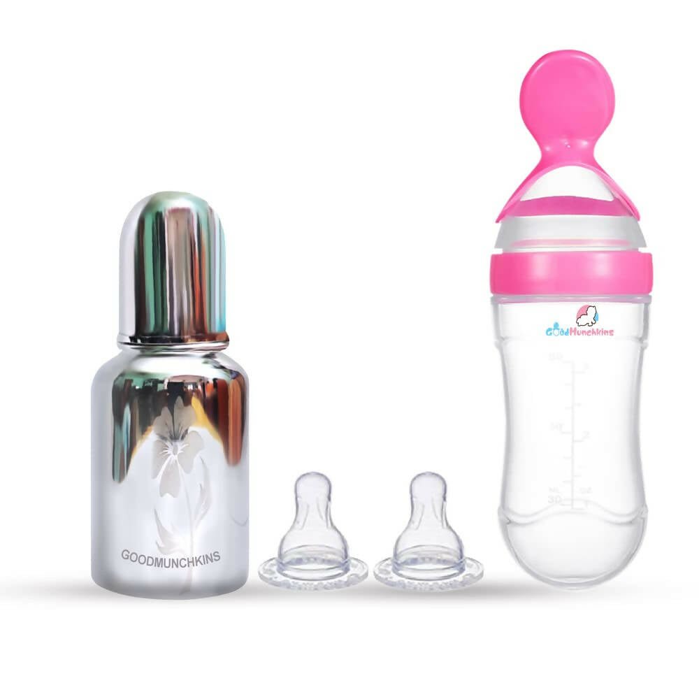 Goodmunchkins Stainless Steel Feeding Bottle & Spoon Food Feeder Anti Colic Silicone Nipple Combo - (Pink,150ml) - Mytrendzcart