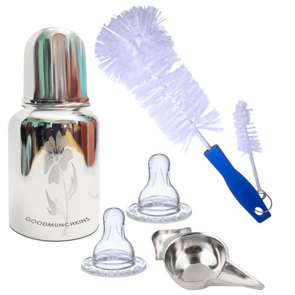 Goodmunchkins Stainless Steel Feeding Bottle with Bottle Cleaning Brush/Chakku/Anti Colic Silicone Nipple Combo - (150ml,Blue) - Mytrendzcart
