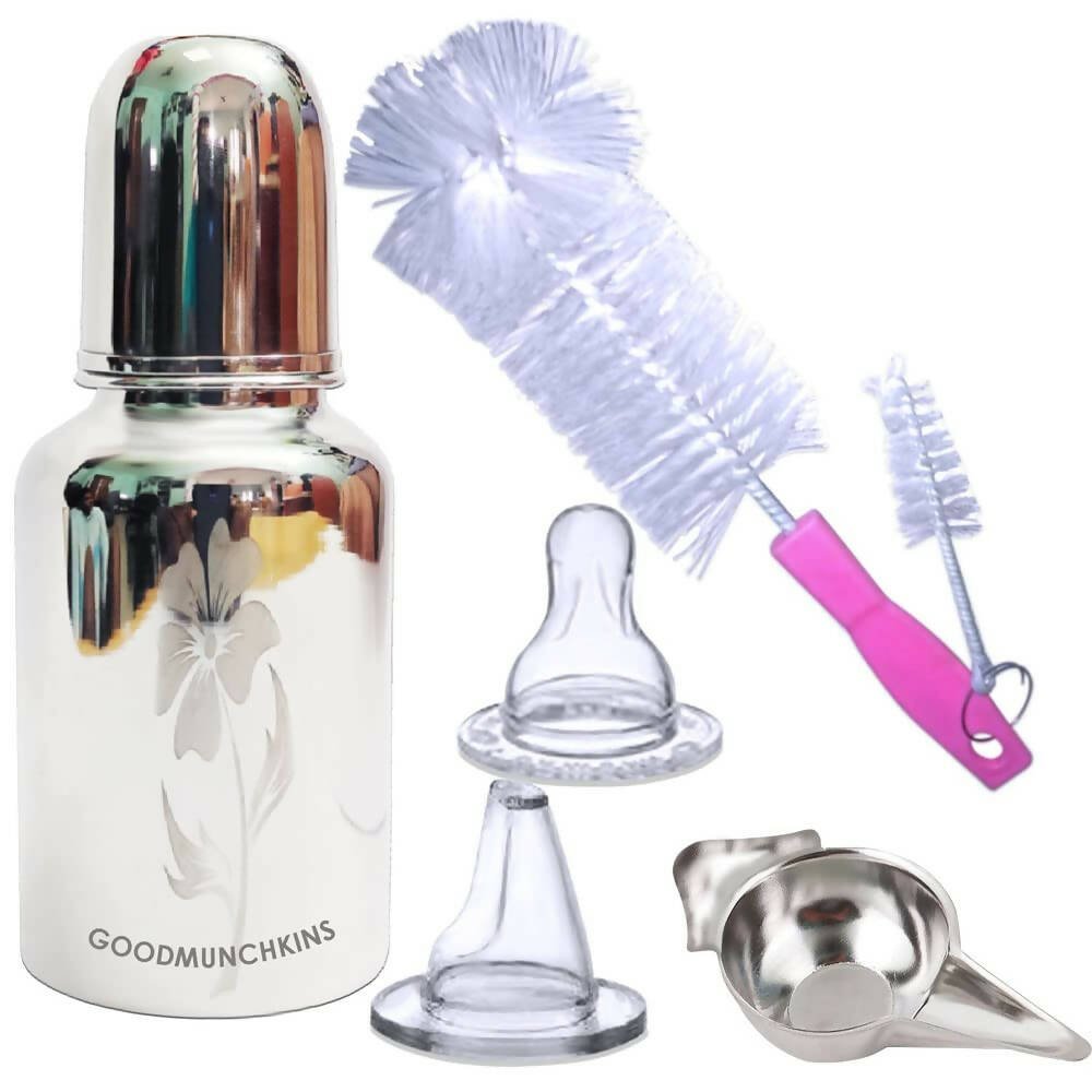 Goodmunchkins Stainless Steel Feeding Bottle with Bottle Cleaning Brush/Chakku/Anti Colic Silicone Nipple Combo - (150ml,Pink) - Mytrendzcart