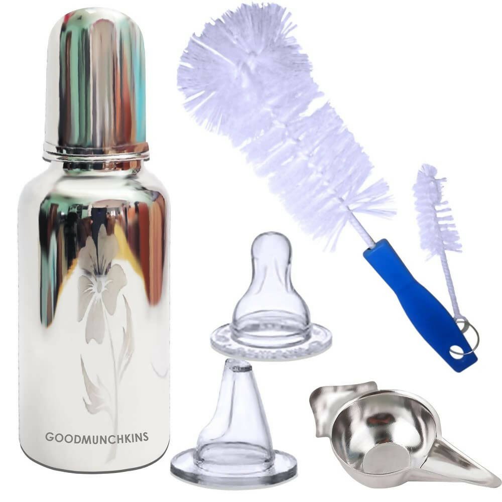 Goodmunchkins Stainless Steel Feeding Bottle with Bottle Cleaning Brush/Chakku/Anti Colic Silicone Nipple Combo - (220ml,Blue) - Mytrendzcart