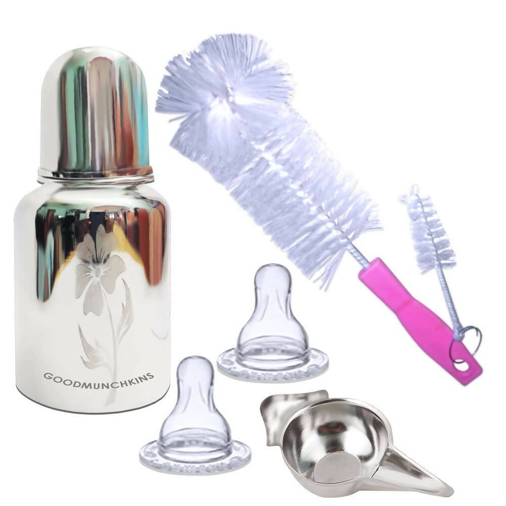 Goodmunchkins Stainless Steel Feeding Bottle with Bottle Cleaning Brush/Chakku/Anti Colic Silicone Nipple Combo - (220ml,Pink) - Mytrendzcart