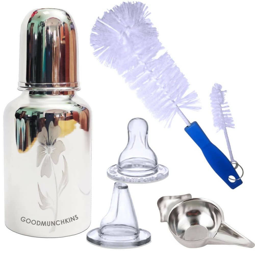 Goodmunchkins Stainless Steel Feeding Bottle with Bottle Cleaning Brush/Chakku/Anti Colic Silicone Nipple Combo - (300ml,Blue) - Mytrendzcart