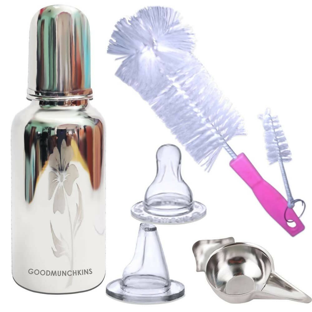 Goodmunchkins Stainless Steel Feeding Bottle with Bottle Cleaning Brush/Chakku/Anti Colic Silicone Nipple Combo - (300ml,Pink) - Mytrendzcart