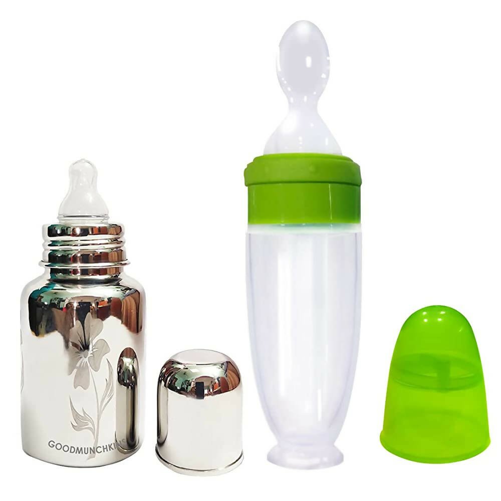Goodmunchkins Stainless Steel Feeding Bottle With Spoon Food Feeder for Baby Anti Colic Silicon Nipple Feeder 150 ml Combo Pack - Green - Mytrendzcart