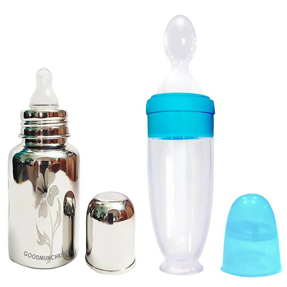 Goodmunchkins Stainless Steel Feeding Bottle With Spoon Food Feeder for Baby Anti Colic Silicon Nipple Feeder 220 ml Combo Pack - Blue - Mytrendzcart