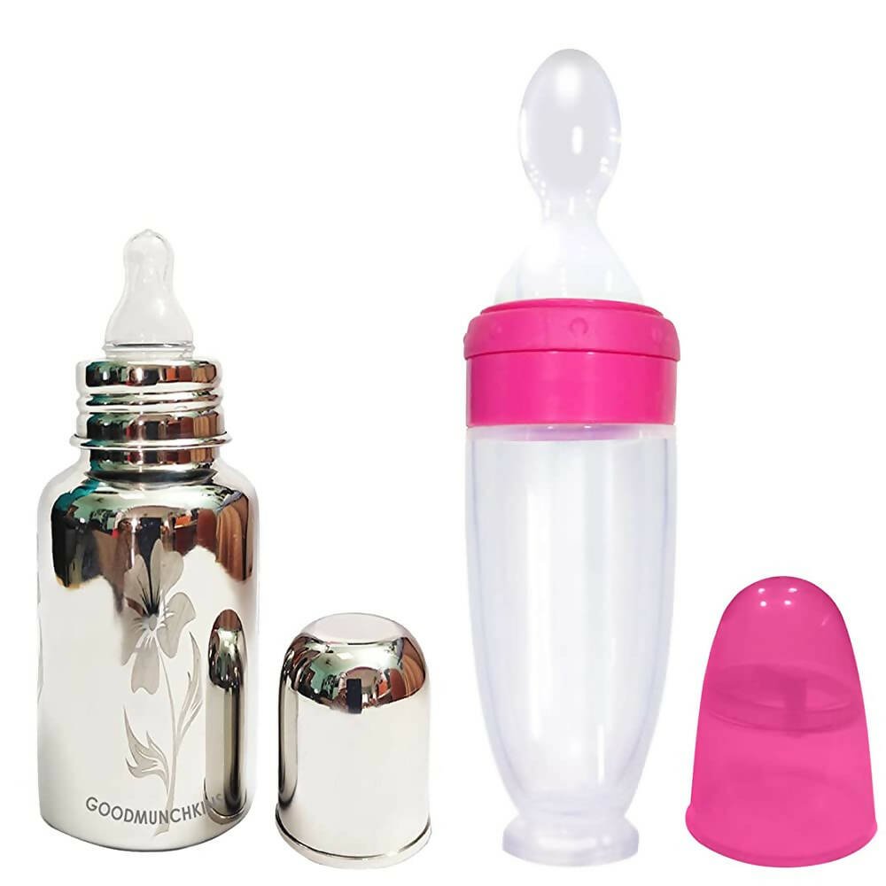 Goodmunchkins Stainless Steel Feeding Bottle With Spoon Food Feeder for Baby Anti Colic Silicon Nipple Feeder 220 ml Combo Pack - Pink - Mytrendzcart