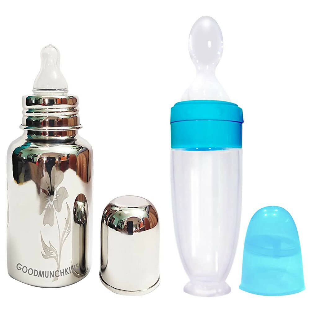 Goodmunchkins Stainless Steel Feeding Bottle With Spoon Food Feeder for Baby Anti Colic Silicon Nipple Feeder 300 ml Combo Pack - Blue - Mytrendzcart