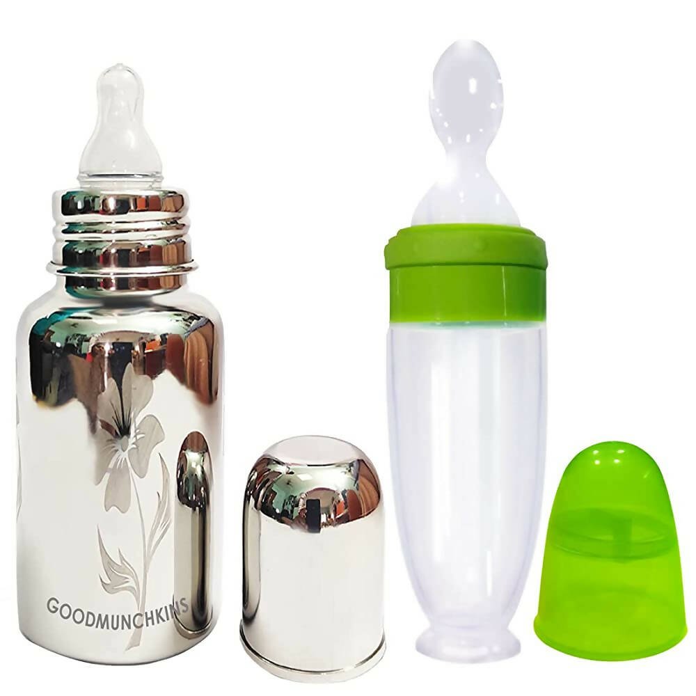 Goodmunchkins Stainless Steel Feeding Bottle With Spoon Food Feeder for Baby Anti Colic Silicon Nipple Feeder 300 ml Combo Pack - Green - Mytrendzcart