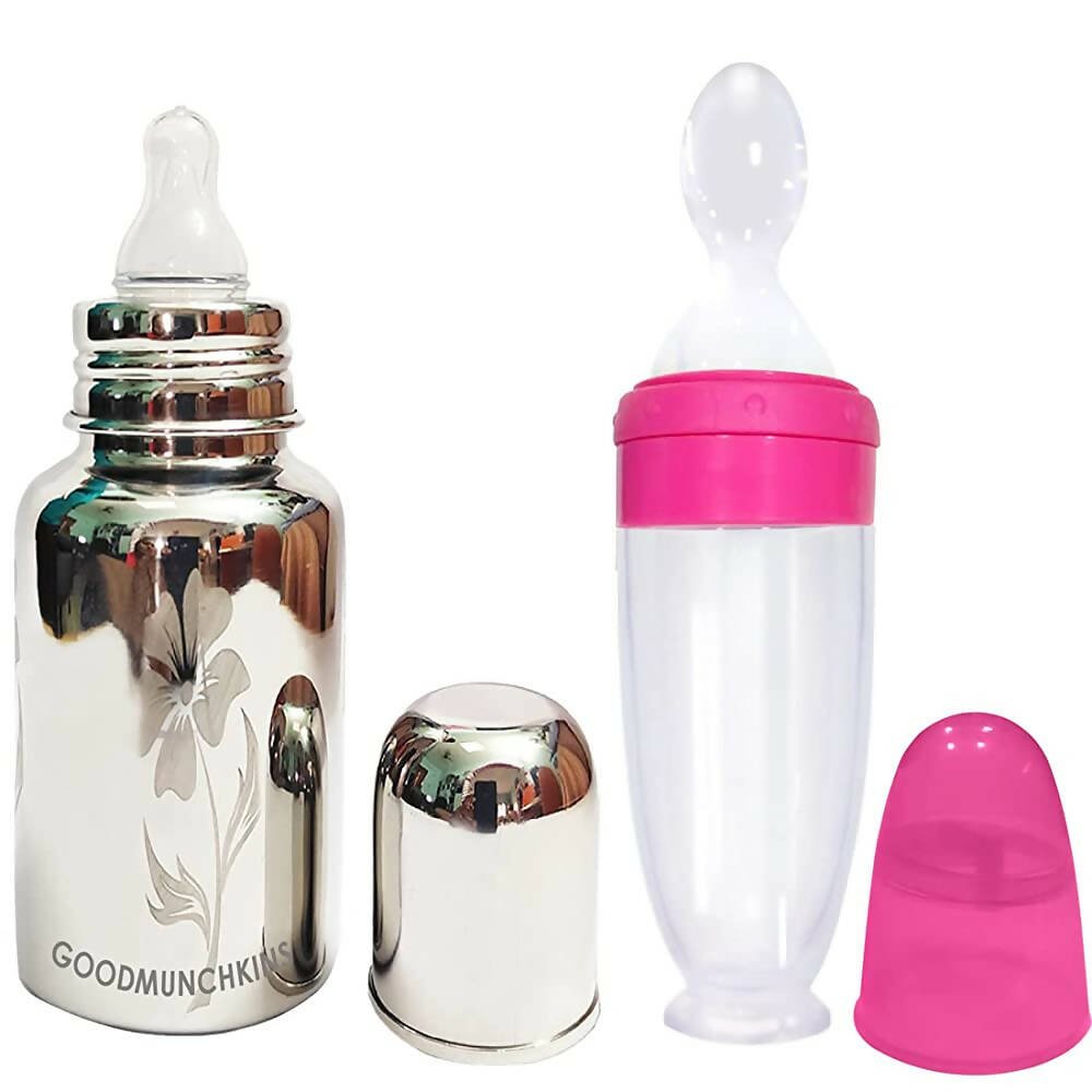 Goodmunchkins Stainless Steel Feeding Bottle With Spoon Food Feeder for Baby Anti Colic Silicon Nipple Feeder 300 ml Combo Pack - Pink - Mytrendzcart