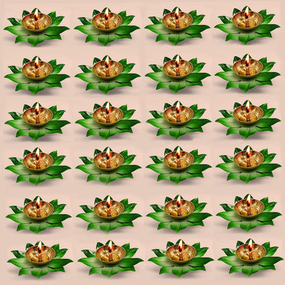 Hand-Painted Green Lotus Brass Diyas (Set of 24)