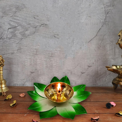 Hand-Painted Green Lotus Brass Diyas (Set of 24)