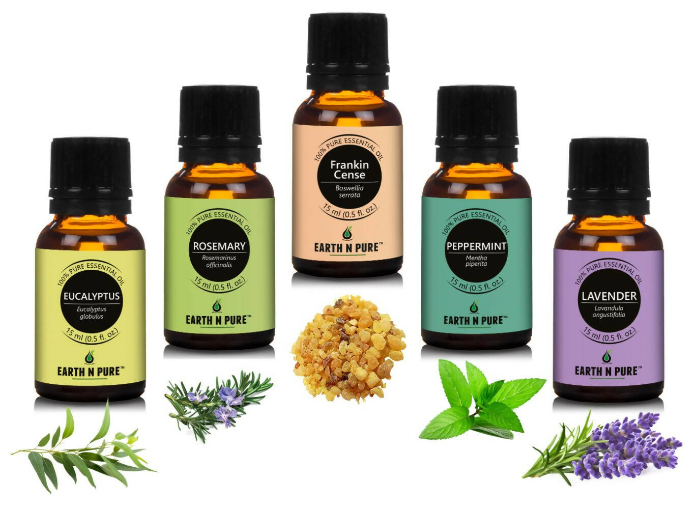 Earth N Pure Essential Oils (Eucalyptus, Rosemary, Lavender, Frankincense & Peppermint) Combo - Mytrendzcart