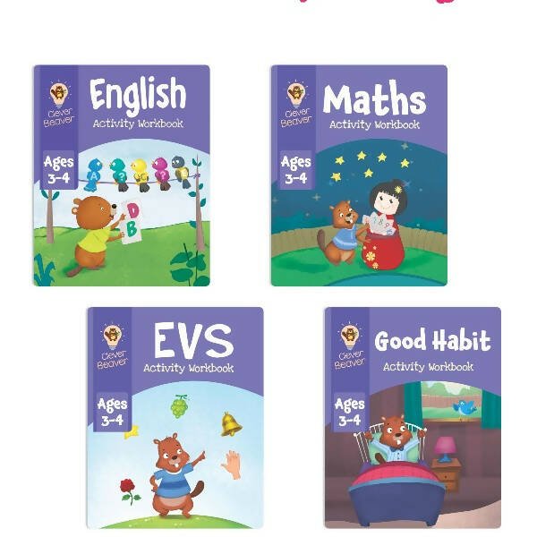 Jolly Kids Clever Beaver Ages 3 - 4 Years Fun Learning Workbooks Set of 4| Alphabets| Numbers| EVS| Good Habit| Workbooks for Kindergarten - Mytrendzcart