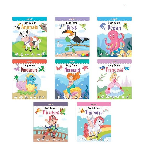 Jolly Kids Copy Colour Books Set of 8| Colouring Books: Animals, Flowers, Dinosaurs, Mermaid, Ocean, Pirates, Princess & Unicorn| Ages 3 - 10 years - Mytrendzcart