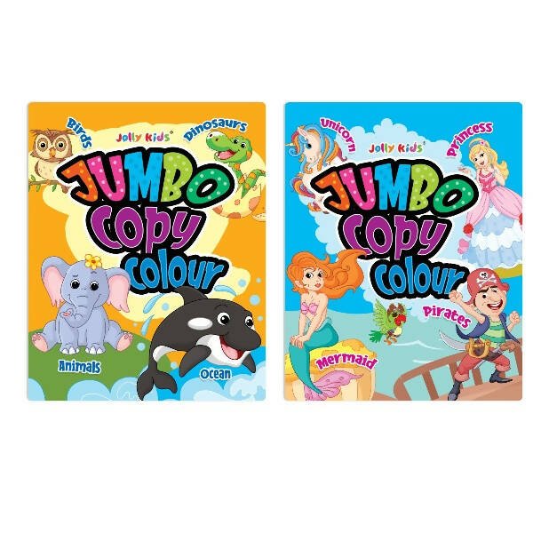 Jolly Kids Jumbo Copy Colour Books Set of 2| Colour Themes Birds, Dinosaurs, Animals, Ocean, Unicorns, Princess, Pirates, Mermaid| Ages 3 - 10 Years - Mytrendzcart
