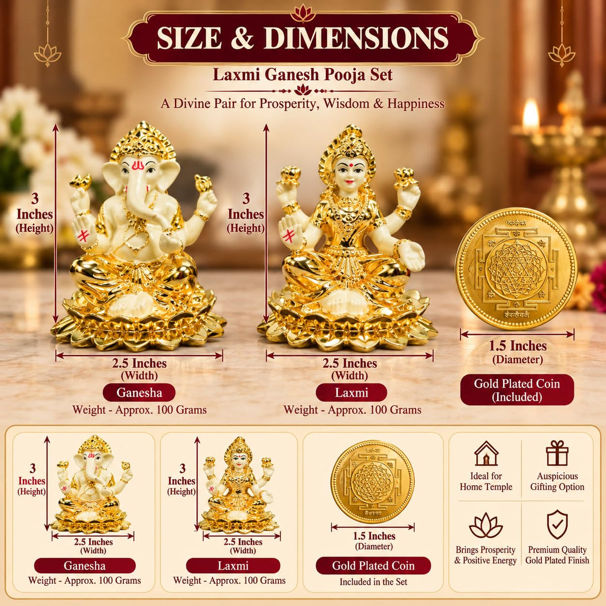 Lakshmi Ganesh Puja Combo with Silver Plated Shankh, Charan Paduka & Gold Plated Idol