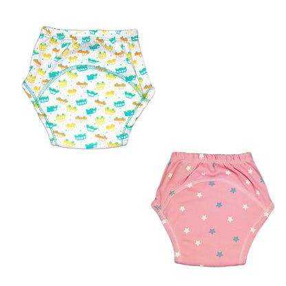 Kindermum Cotton Padded Pull Up Training Pants/Padded Underwear For Kids Peachy Star & Green Car-Set of 2 pcs -Small (7-9 Kgs) - set of 2 Mytrendzcart