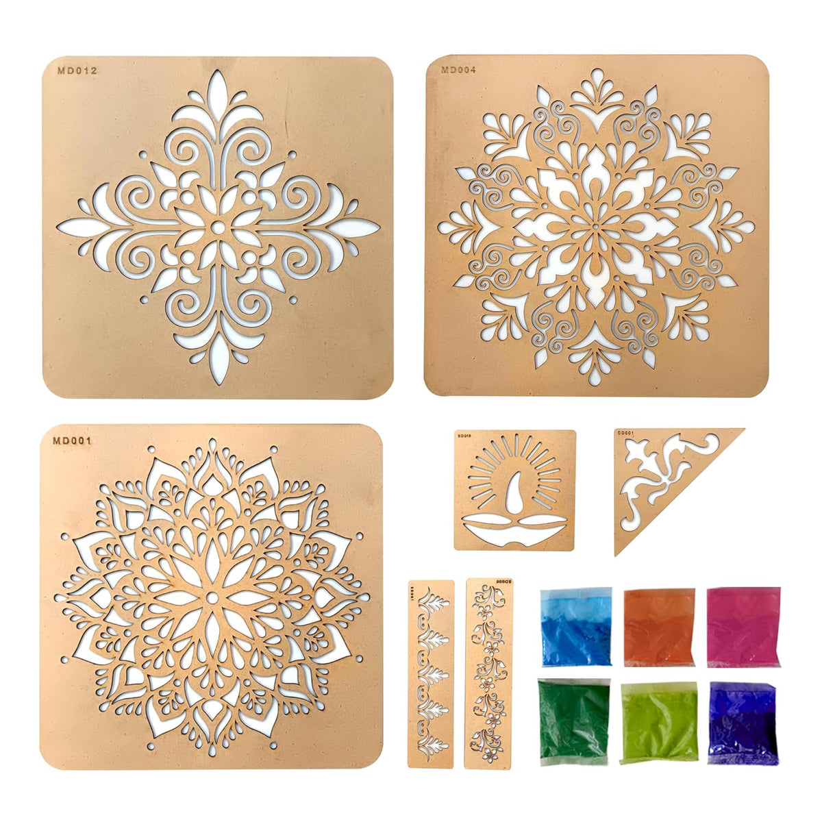 Mandala Rangoli Stencil Kit (7 Stencils + 6 Colours)