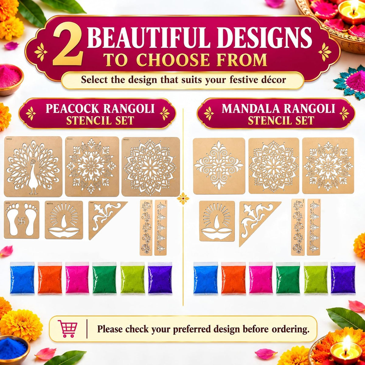 Mandala Rangoli Stencil Kit (7 Stencils + 6 Colours)