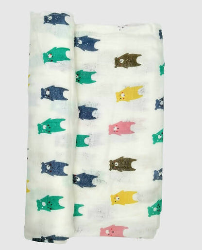 Kindermum Organic Cotton Muslin Swaddle Blanket 110 Cm X 110 Cm - Set Of 2 - Colorful Polka And Bear -Large (0-12 Month) - Set of 2 Mytrendzcart