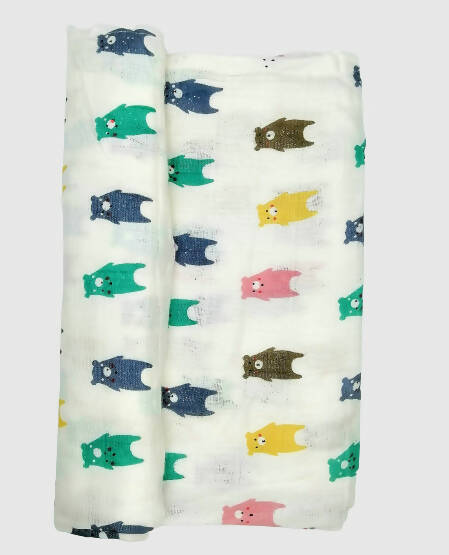 Kindermum Organic Cotton Muslin Swaddle Blanket 110 Cm X 110 Cm - Set Of 2 - Colorful Polka And Bear -Large (0-12 Month) - Set of 2 Mytrendzcart