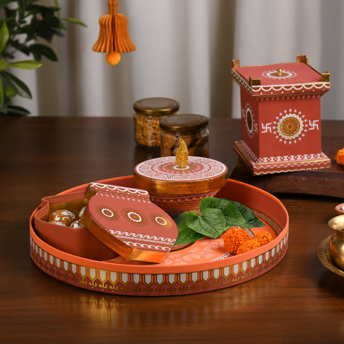 Paper Craft Puja Decor Hamper (Tulsi, Diya, Kalash, Bell & Tray)