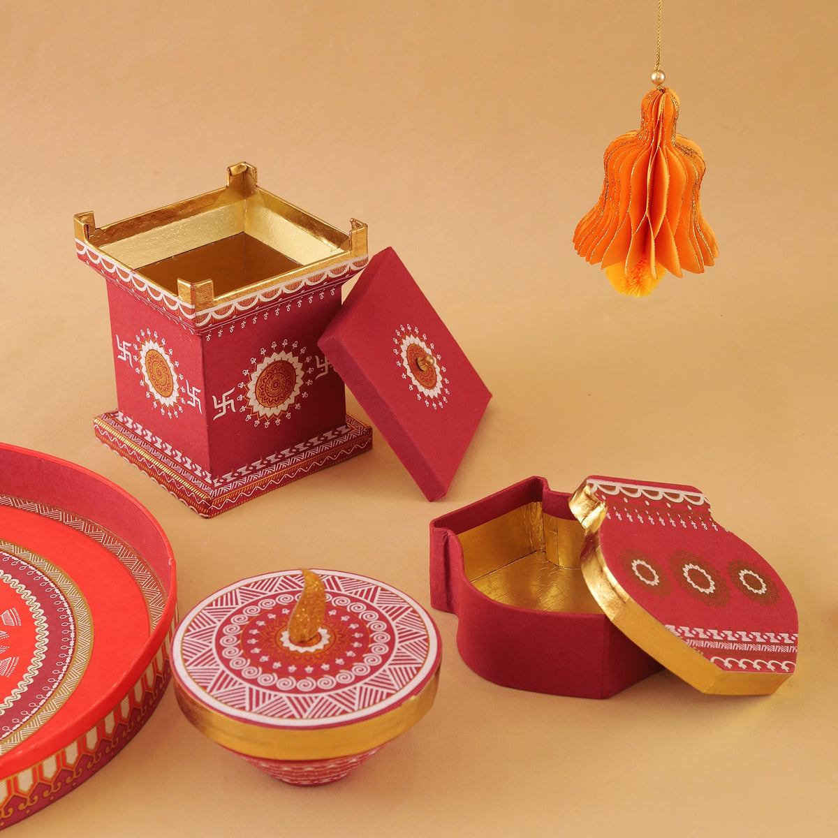 Paper Craft Puja Decor Hamper (Tulsi, Diya, Kalash, Bell & Tray)