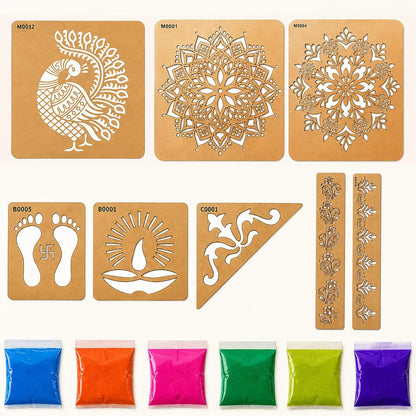 Peacock Rangoli Stencil Kit (8 Stencils + 6 Colours)