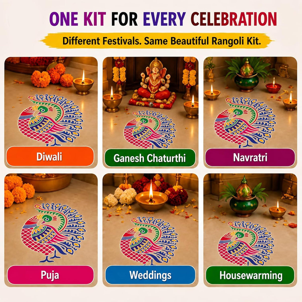 Peacock Rangoli Stencil Kit (8 Stencils + 6 Colours)