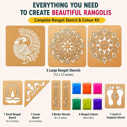 Peacock Rangoli Stencil Kit (8 Stencils + 6 Colours)