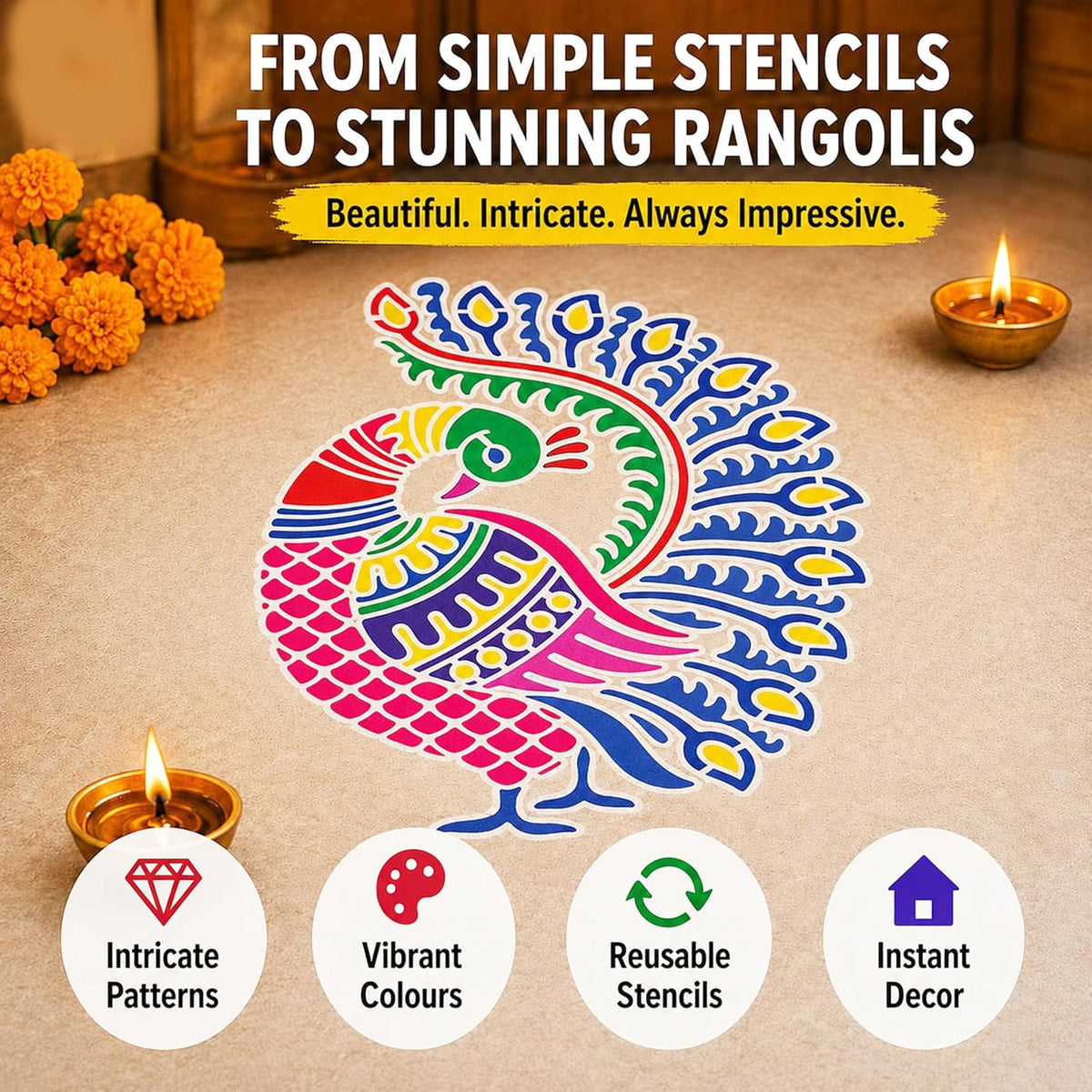 Peacock Rangoli Stencil Kit (8 Stencils + 6 Colours)