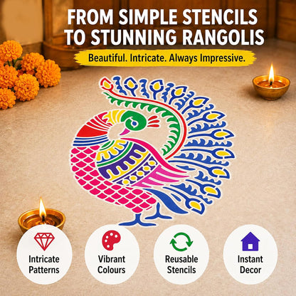 Peacock Rangoli Stencil Kit (8 Stencils + 6 Colours)
