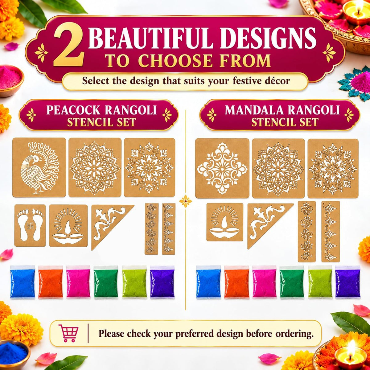 Peacock Rangoli Stencil Kit (8 Stencils + 6 Colours)