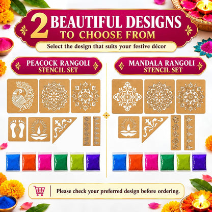 Peacock Rangoli Stencil Kit (8 Stencils + 6 Colours)