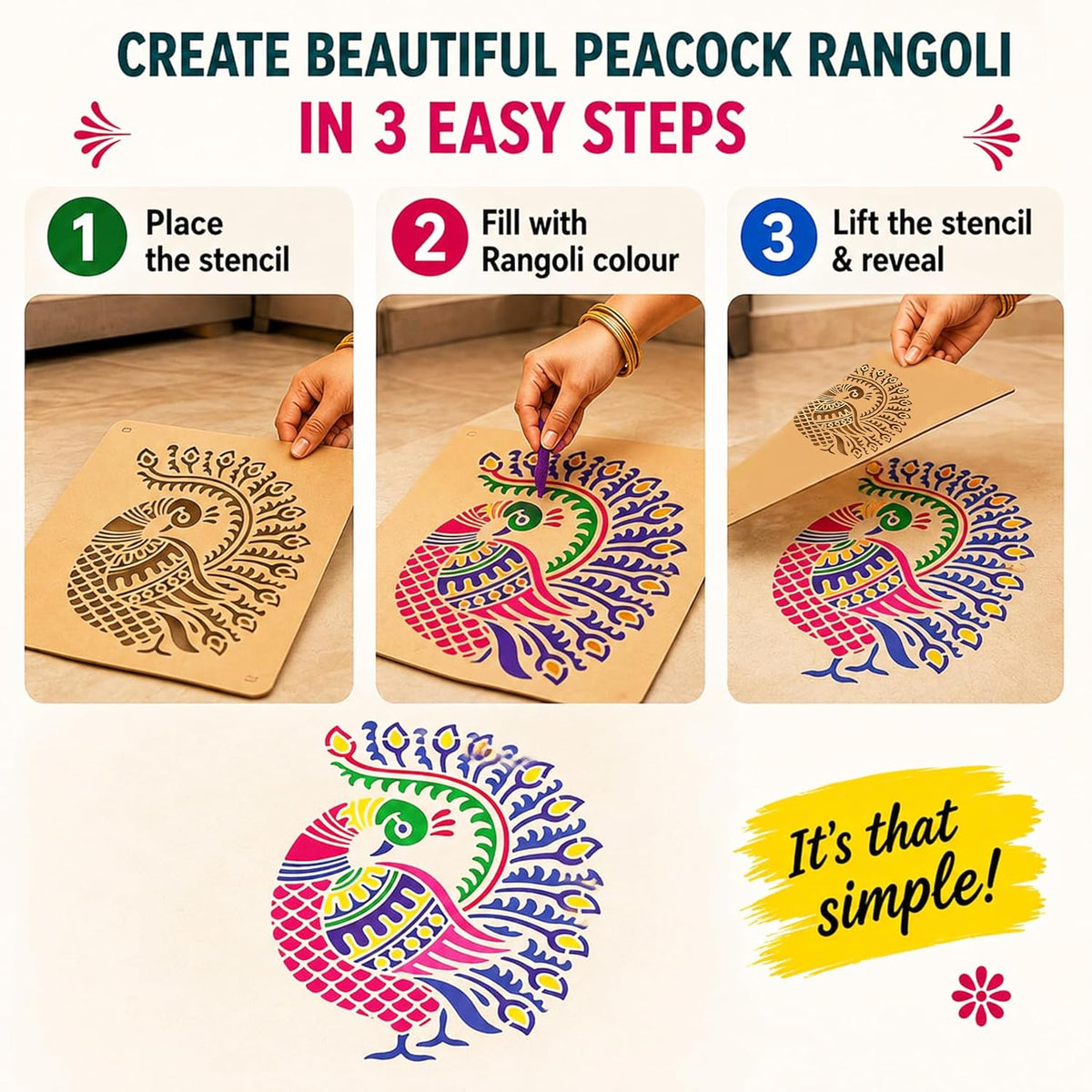 Peacock Rangoli Stencil Kit (8 Stencils + 6 Colours)